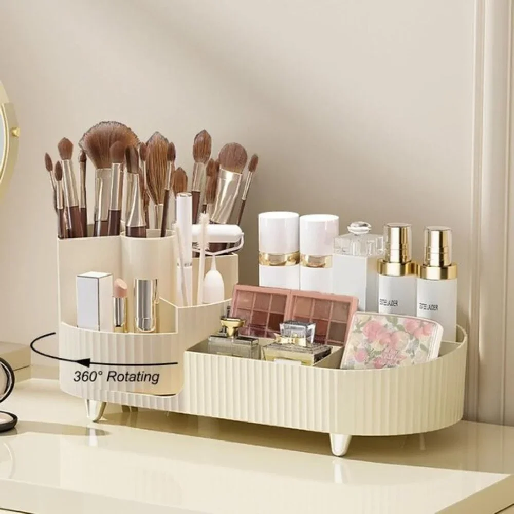 New Rotating Makeup Organizer, Large Countertop Vanity Storage with Brush Holder